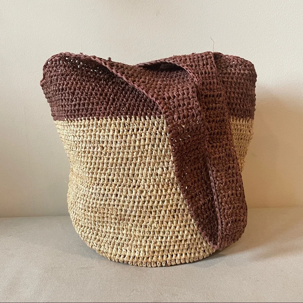 Helen Kaminski raffia bucket bag satchel summer tote two toned large - Picture 2 of 12